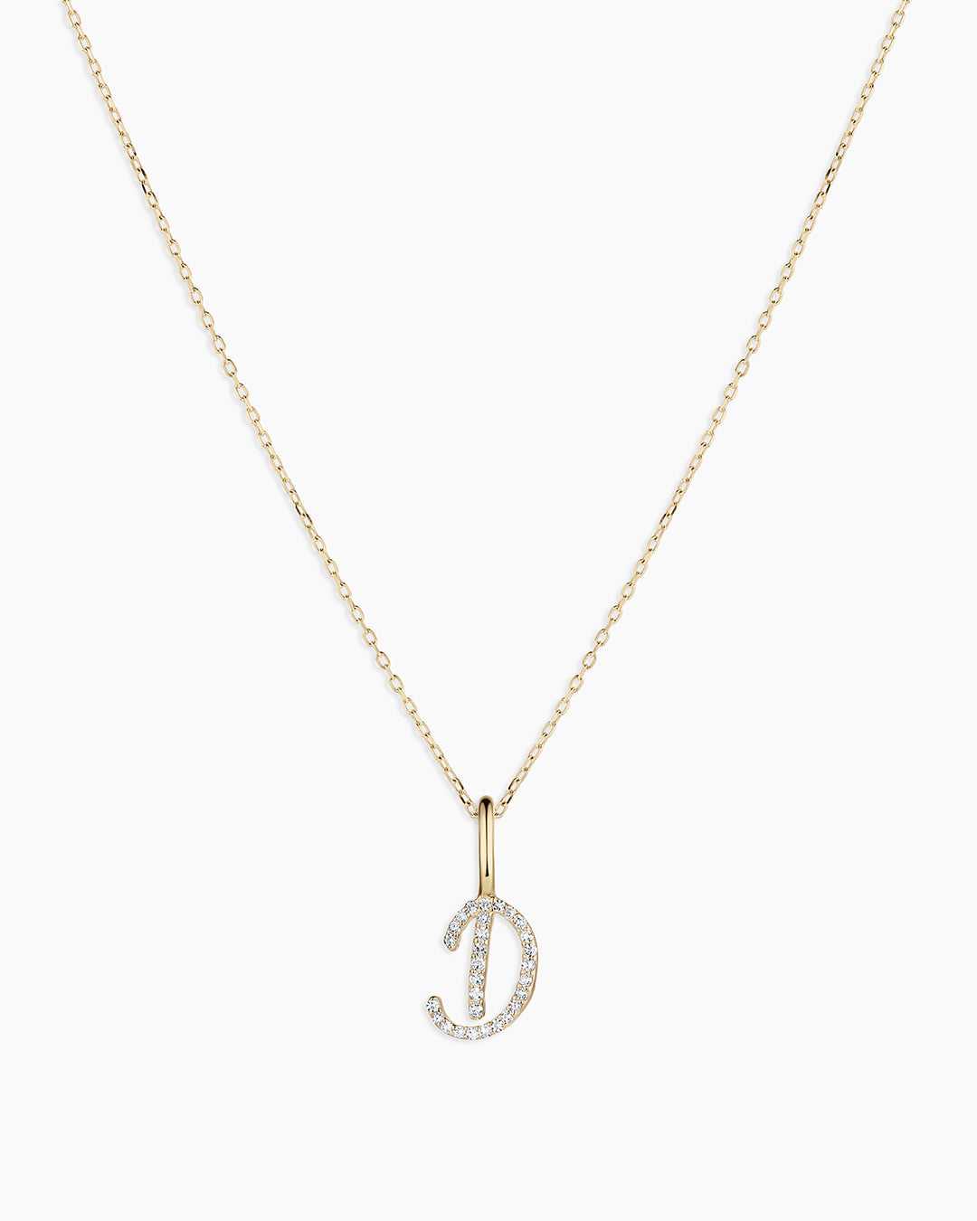 Diamond Script Alphabet Charm Necklace || option::14K Solid Gold, D