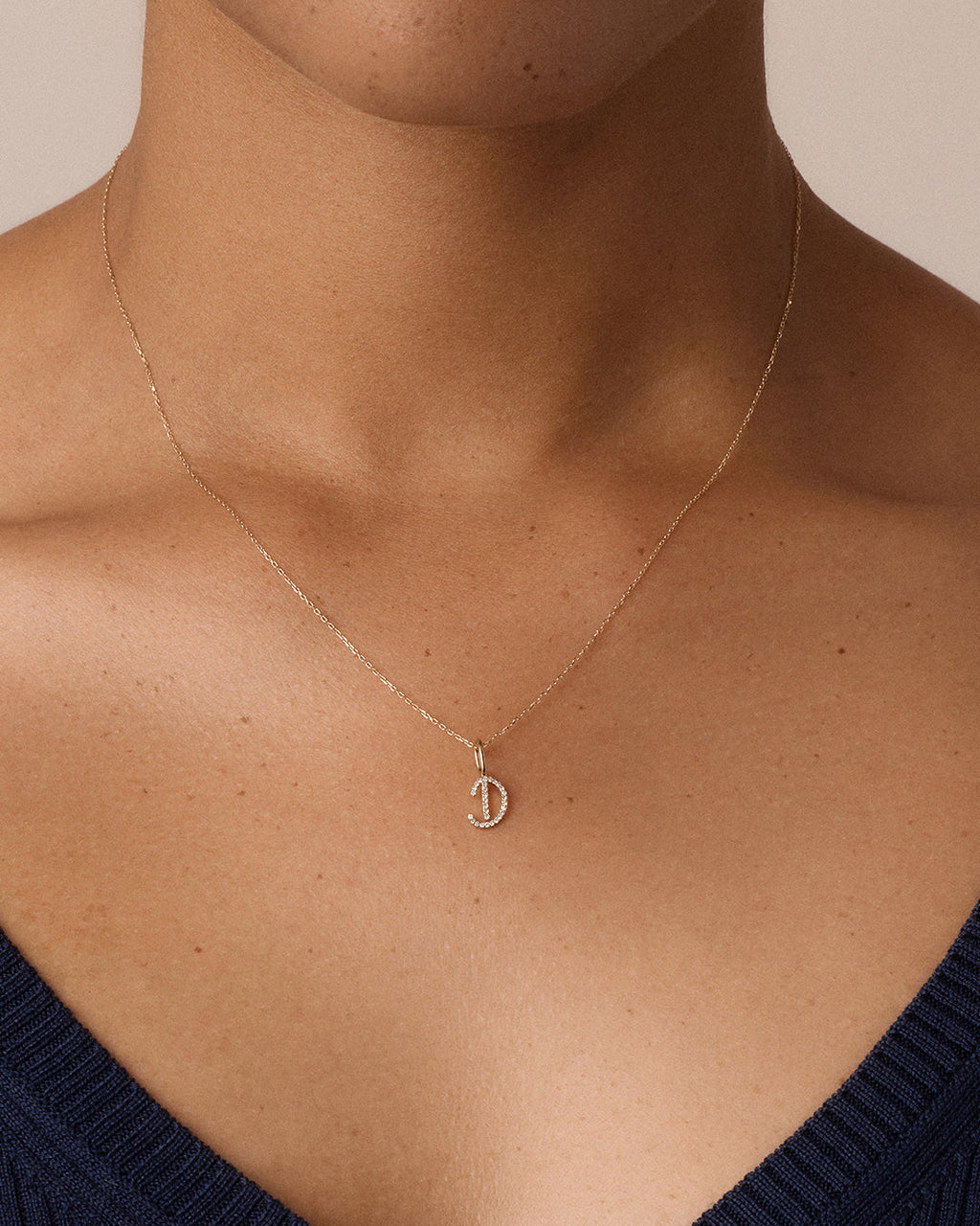 Diamond Script Alphabet Charm Necklace || option::14K Solid Gold, D