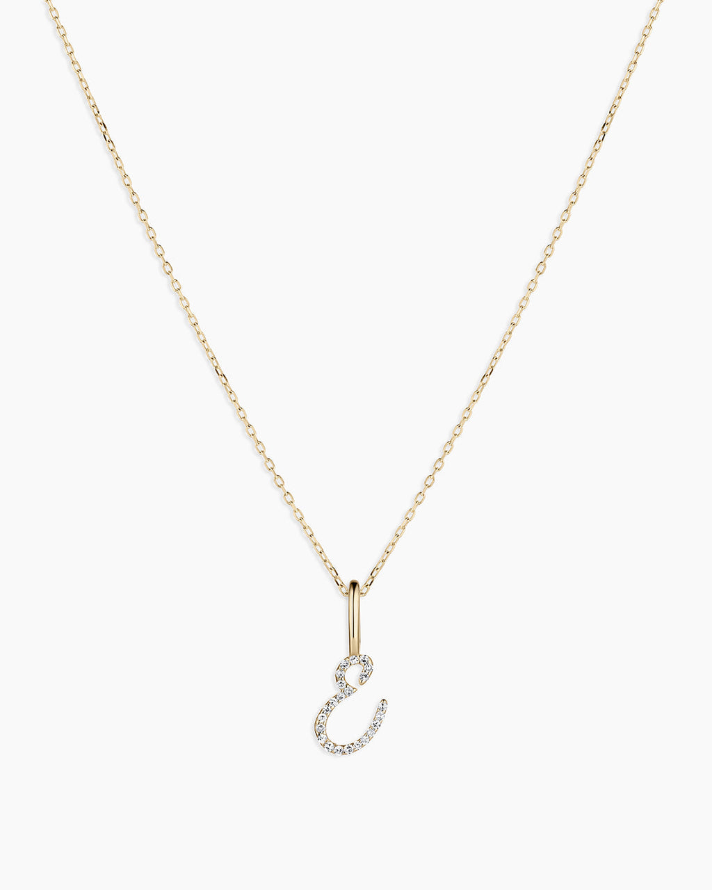 Diamond Script Alphabet Charm Necklace || option::14K Solid Gold, E
