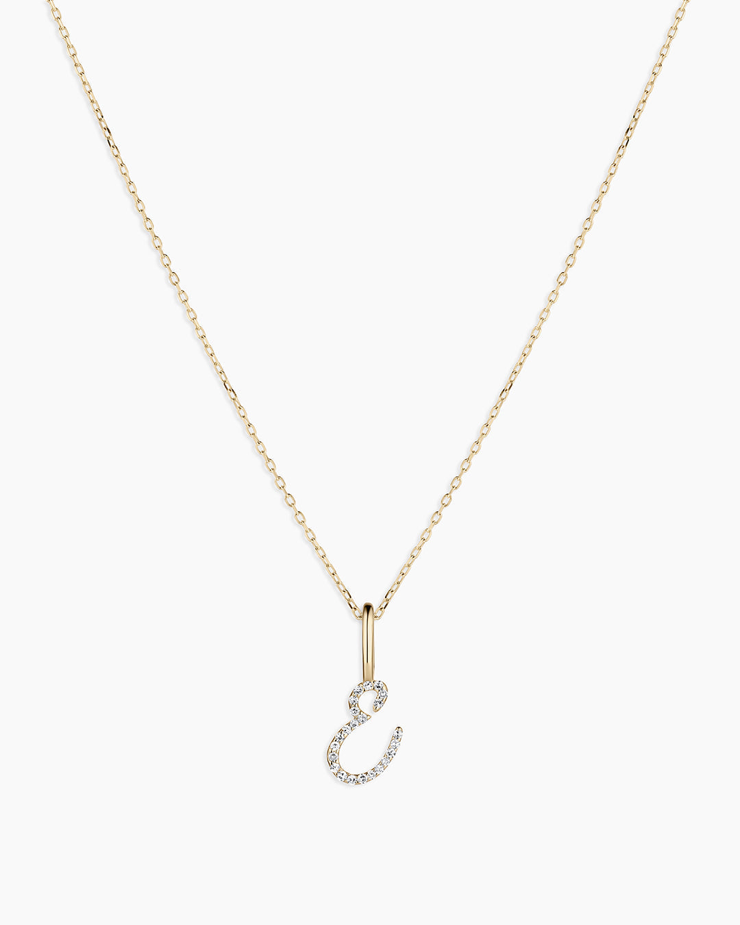 Diamond Script Alphabet Charm Necklace || option::14K Solid Gold, E