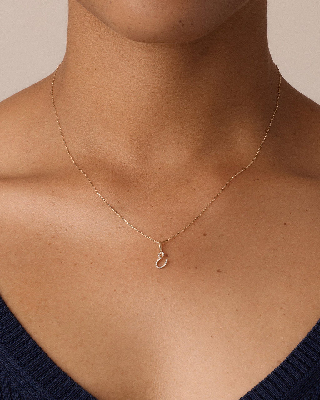 Diamond Script Alphabet Charm Necklace || option::14K Solid Gold, E
