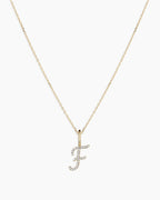 Diamond Script Alphabet Charm Necklace || option::14K Solid Gold, F