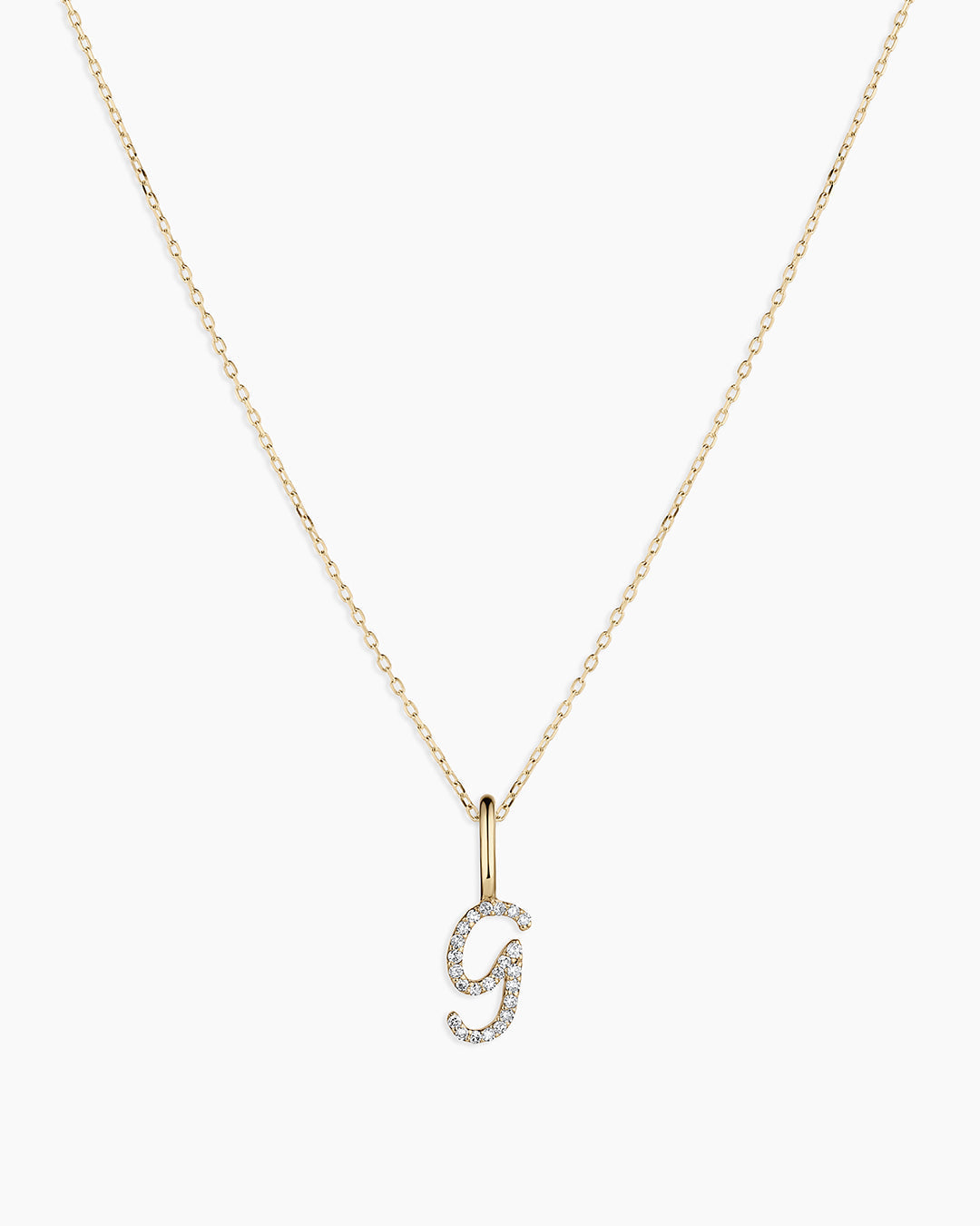 Diamond Script Alphabet Charm Necklace || option::14K Solid Gold, G