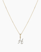 Diamond Script Alphabet Charm Necklace || option::14K Solid Gold, H
