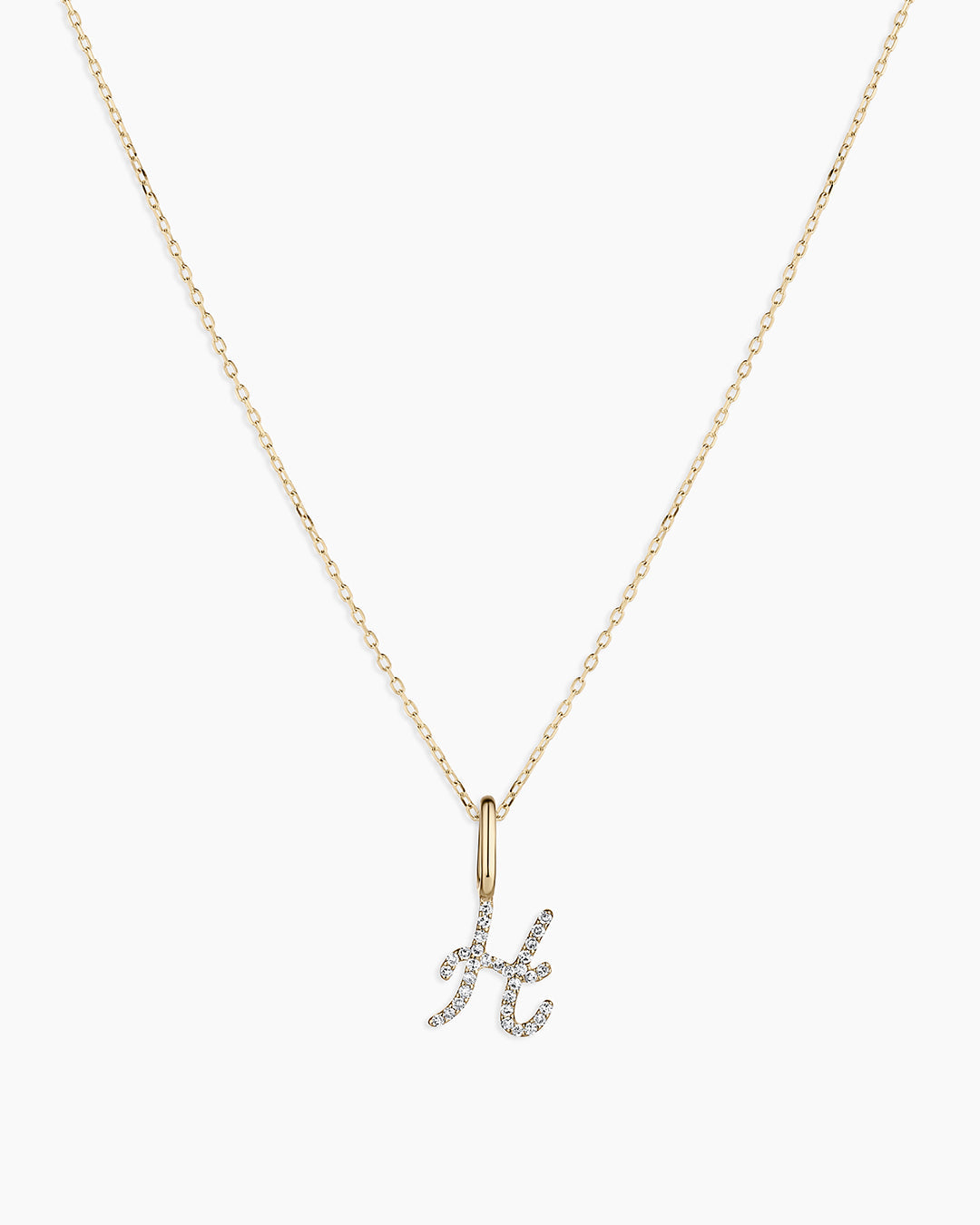 Diamond Script Alphabet Charm Necklace || option::14K Solid Gold, H
