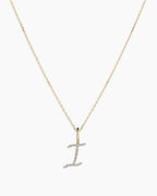 Diamond Script Alphabet Charm Necklace || option::14K Solid Gold, I