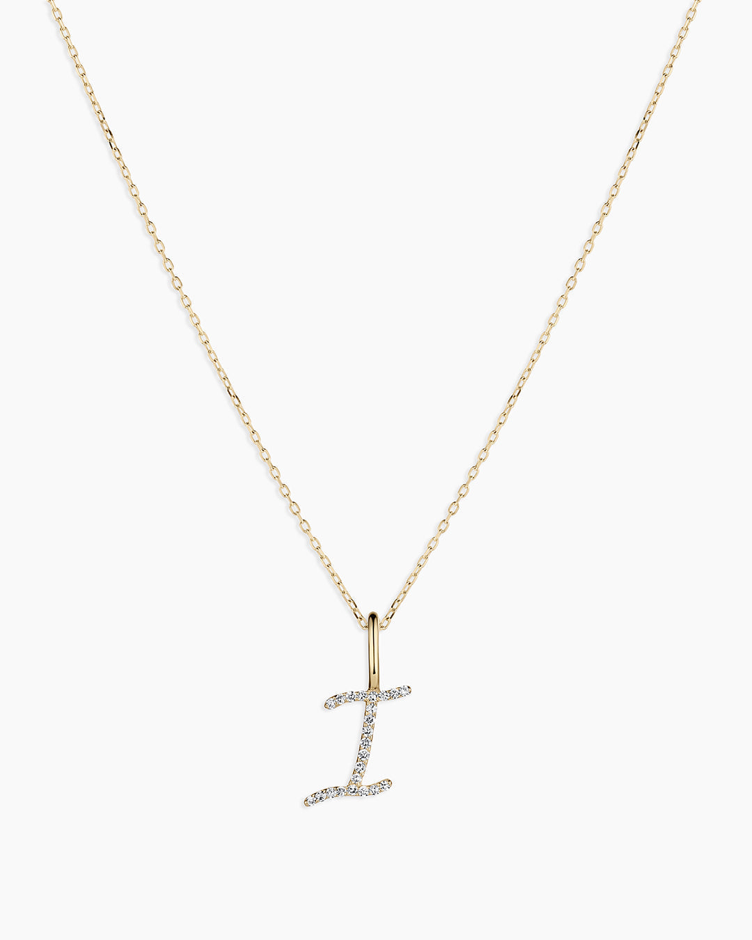 Diamond Script Alphabet Charm Necklace || option::14K Solid Gold, I