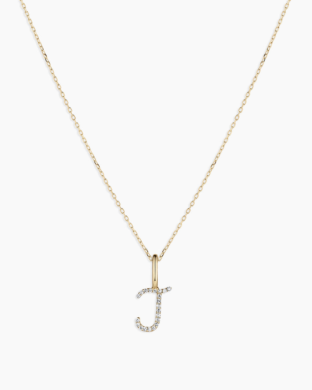 Diamond Script Alphabet Charm Necklace || option::14K Solid Gold, J