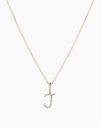 Diamond Script Alphabet Charm Necklace || option::14K Solid Gold, J