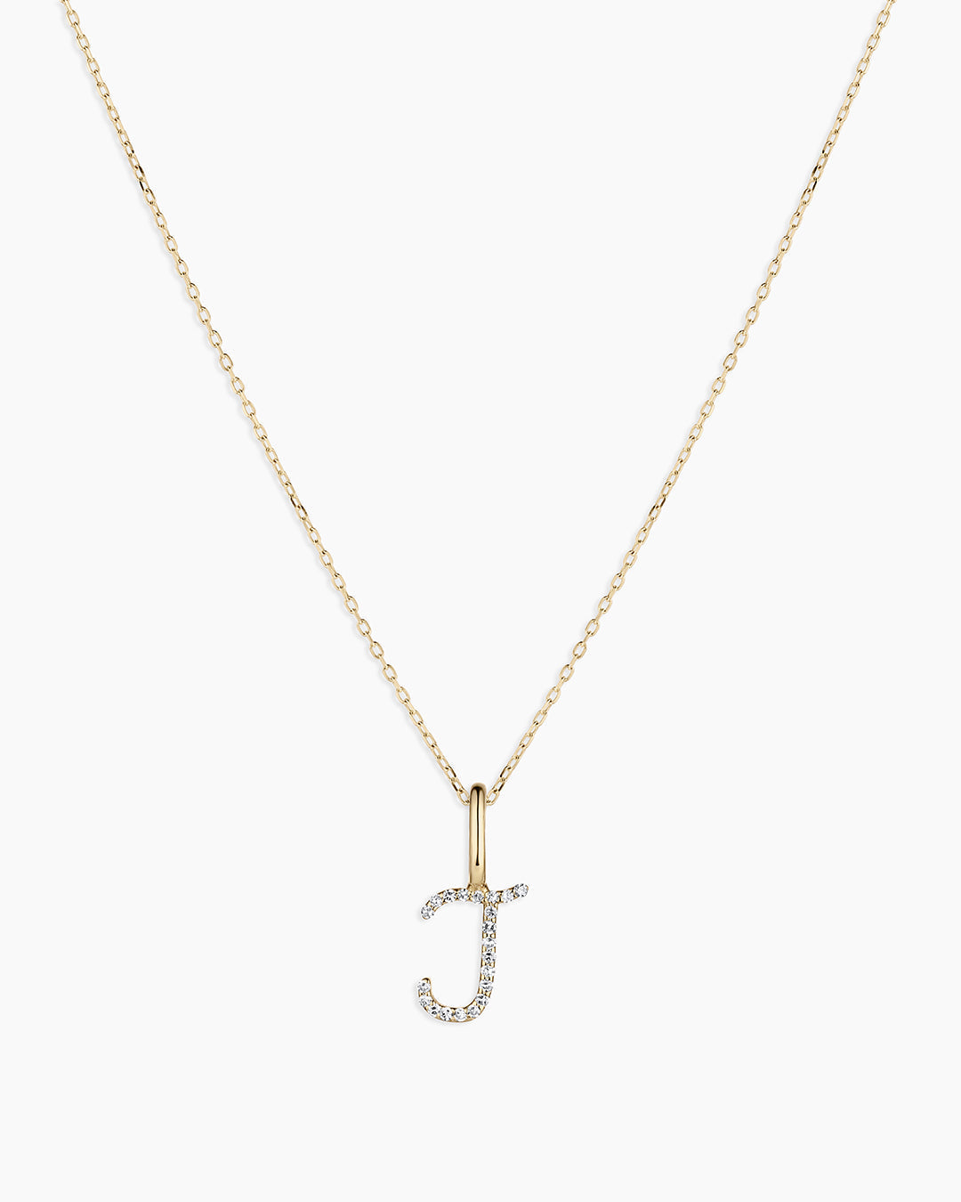 Diamond Script Alphabet Charm Necklace || option::14K Solid Gold, J