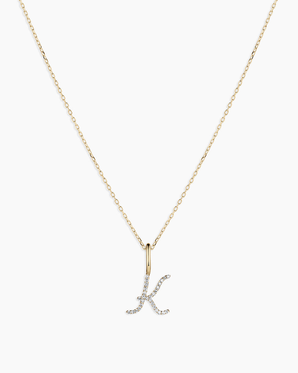 Diamond Script Alphabet Charm Necklace || option::14K Solid Gold, K