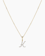 Diamond Script Alphabet Charm Necklace || option::14K Solid Gold, K