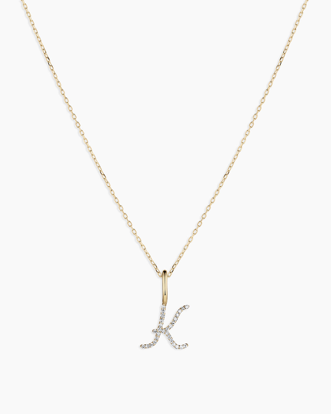 Diamond Script Alphabet Charm Necklace || option::14K Solid Gold, K