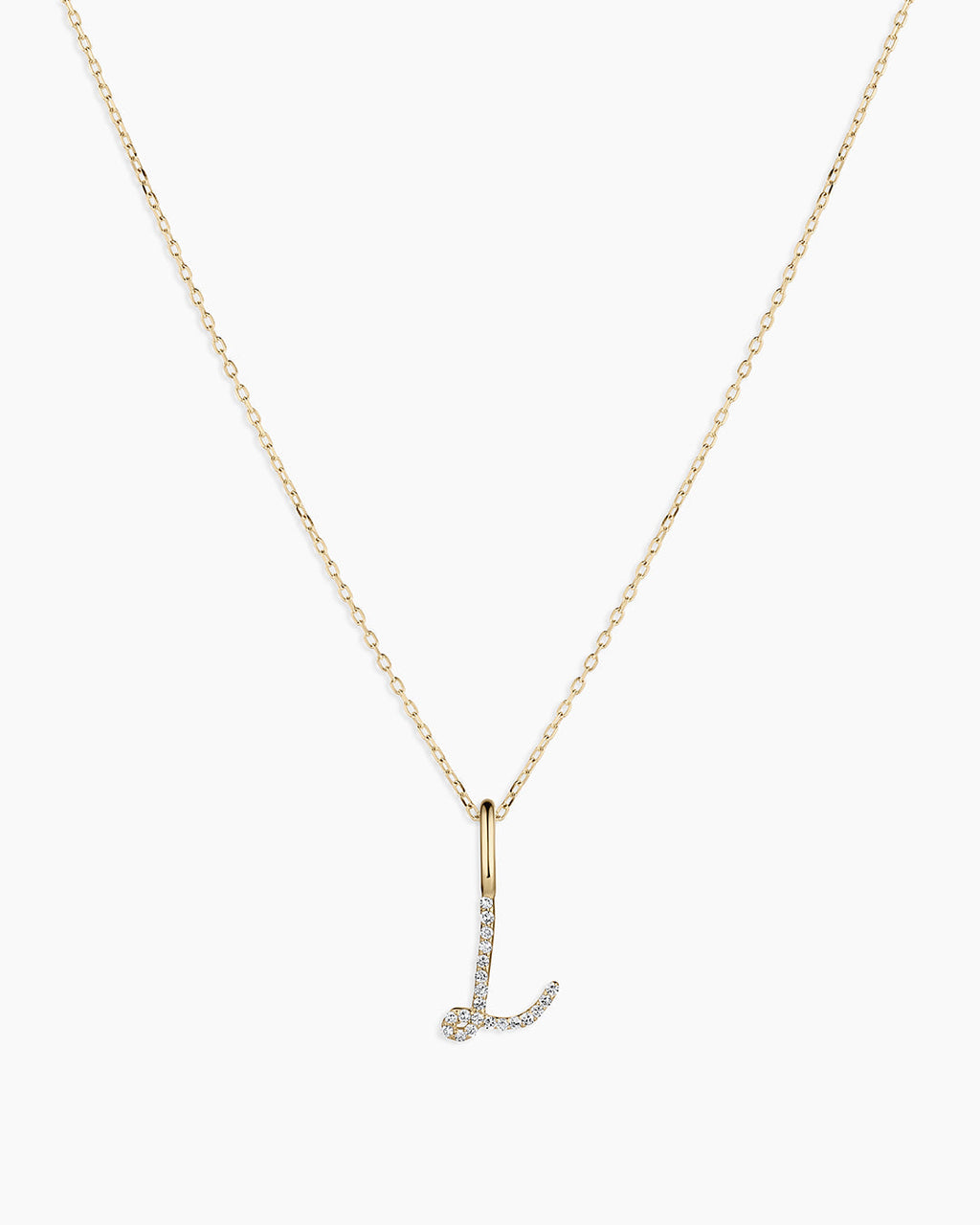 Diamond Script Alphabet Charm Necklace || option::14K Solid Gold, L
