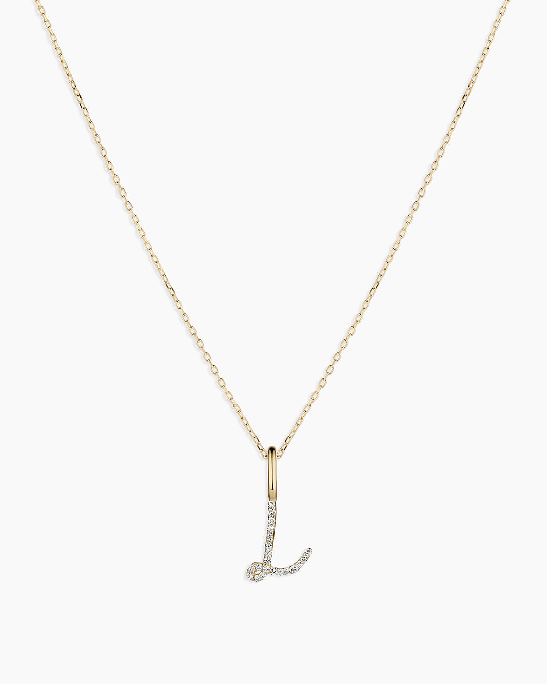 Diamond Script Alphabet Charm Necklace || option::14K Solid Gold, L