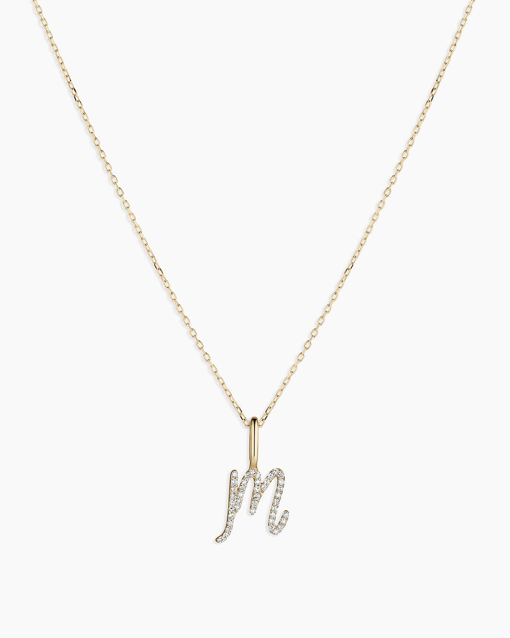 Diamond Script Alphabet Charm Necklace || option::14K Solid Gold, M