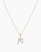 Diamond Script Alphabet Charm Necklace || option::14K Solid Gold, M