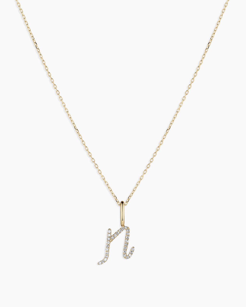 Diamond Script Alphabet Charm Necklace || option::14K Solid Gold, N