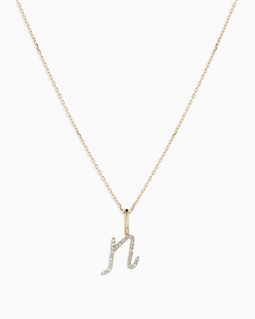 Diamond Script Alphabet Charm Necklace || option::14K Solid Gold, N
