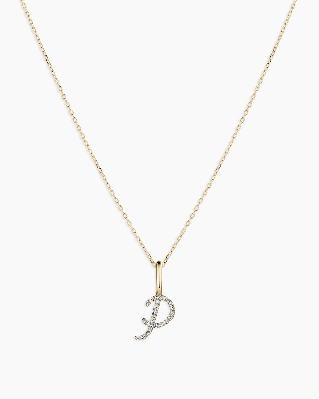 Diamond Script Alphabet Charm Necklace || option::14K Solid Gold, P