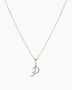 Diamond Script Alphabet Charm Necklace || option::14K Solid Gold, P