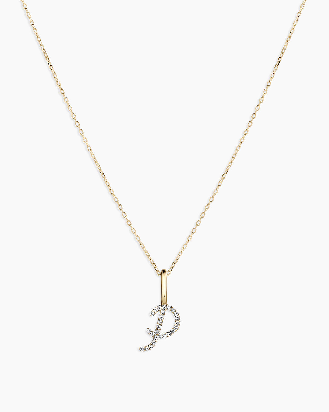 Diamond Script Alphabet Charm Necklace || option::14K Solid Gold, P
