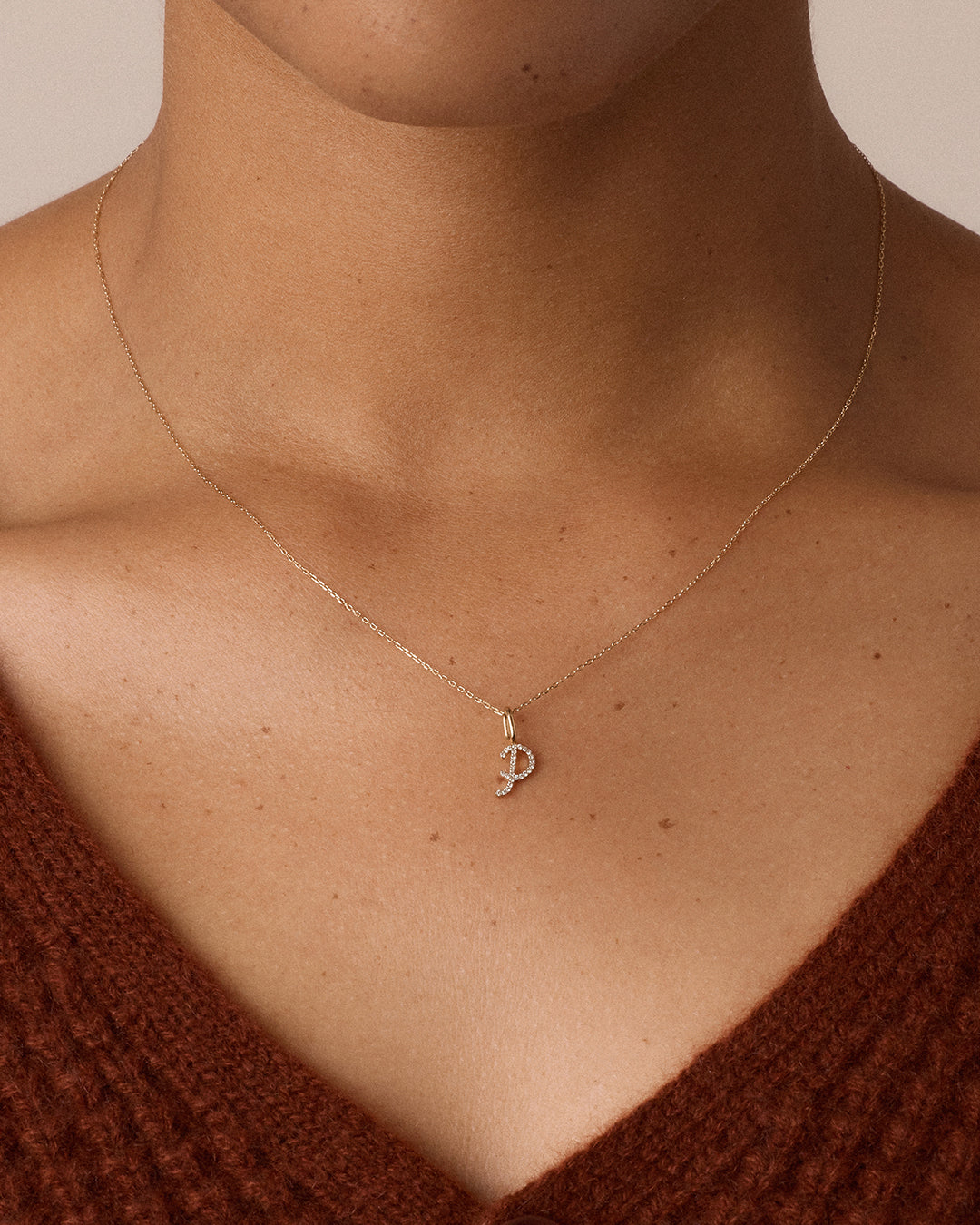 Diamond Script Alphabet Charm Necklace || option::14K Solid Gold, P