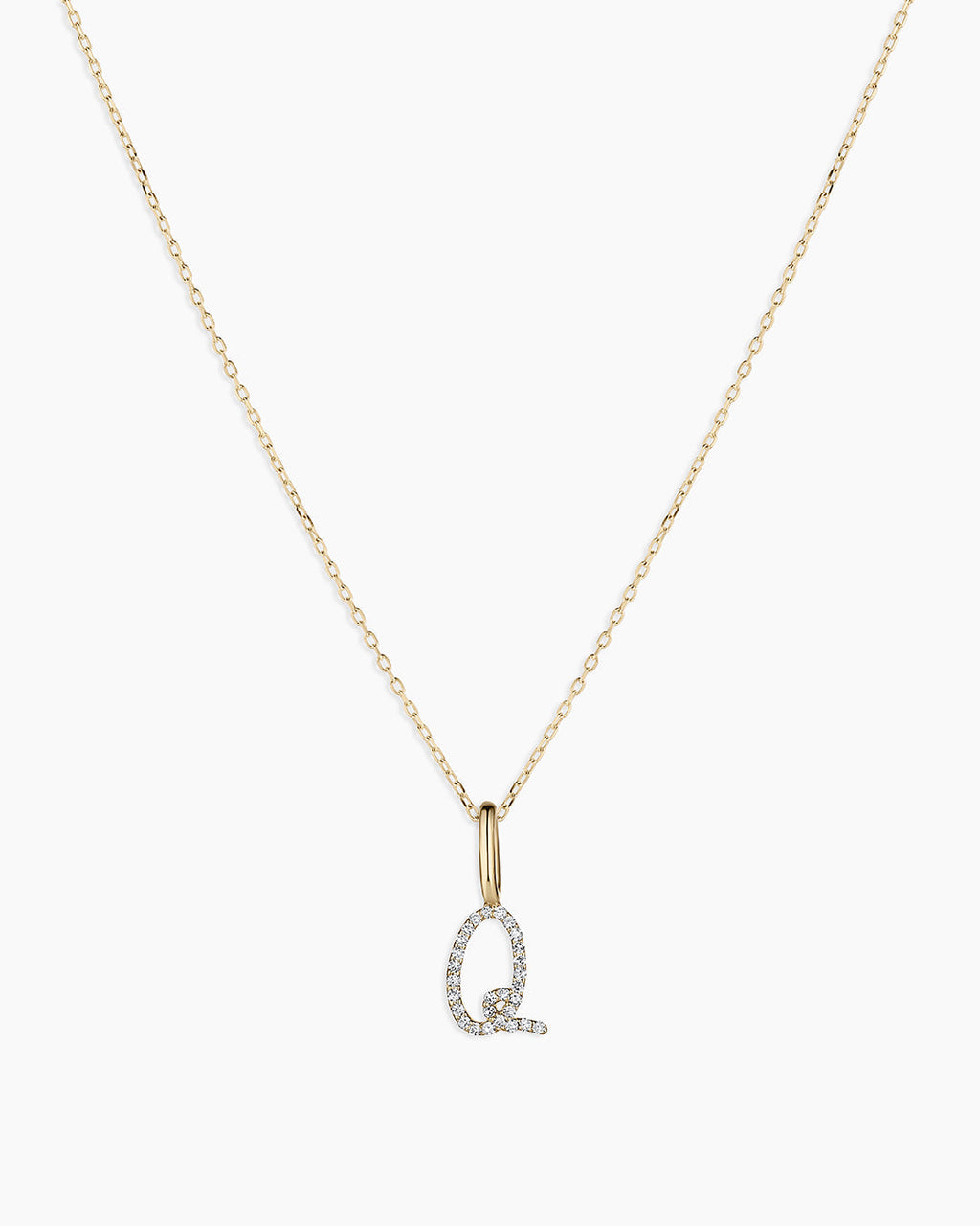 Diamond Script Alphabet Charm Necklace || option::14K Solid Gold, Q