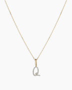 Diamond Script Alphabet Charm Necklace || option::14K Solid Gold, Q