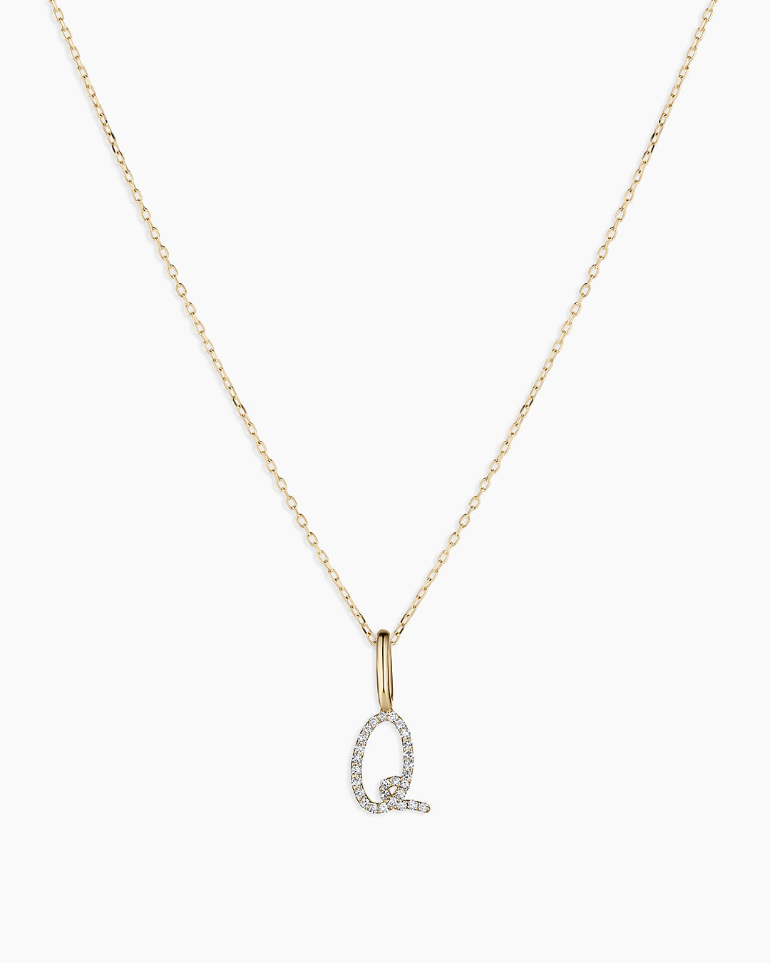 Diamond Script Alphabet Charm Necklace || option::14K Solid Gold, Q