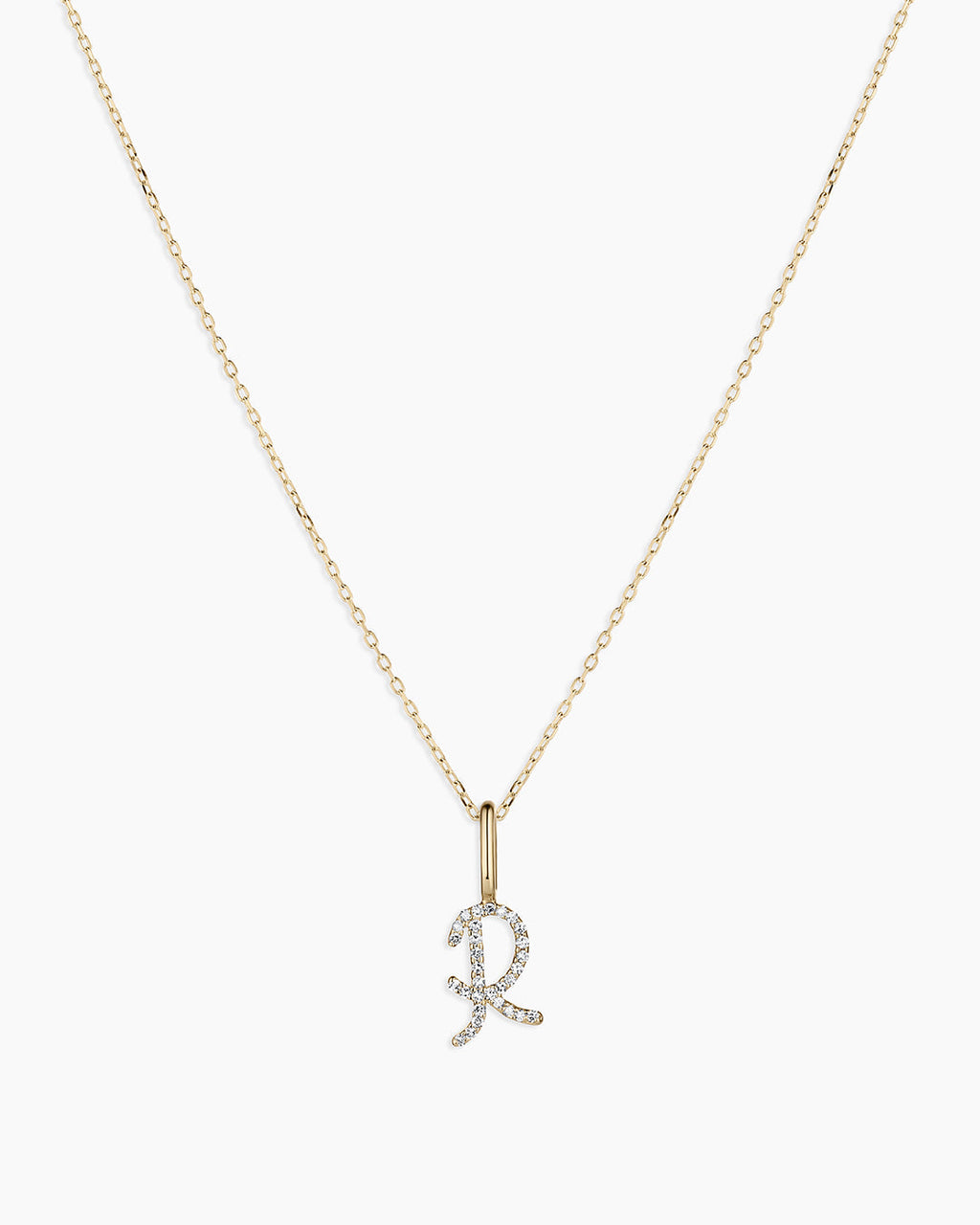 Diamond Script Alphabet Charm Necklace || option::14K Solid Gold, R