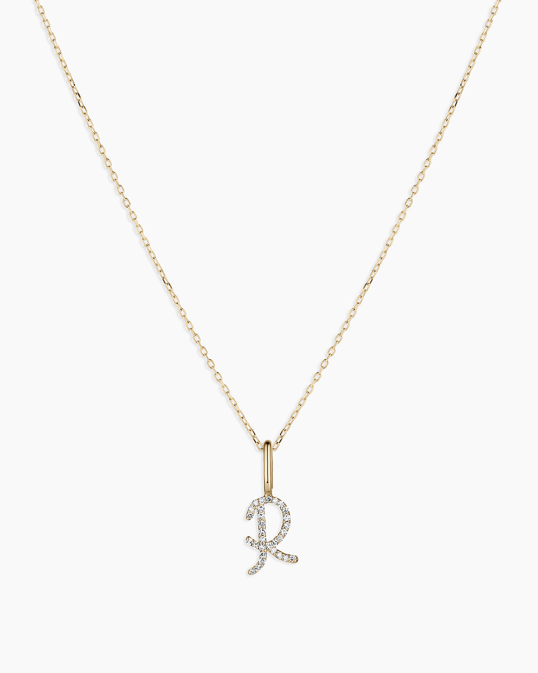 Diamond Script Alphabet Charm Necklace || option::14K Solid Gold, R