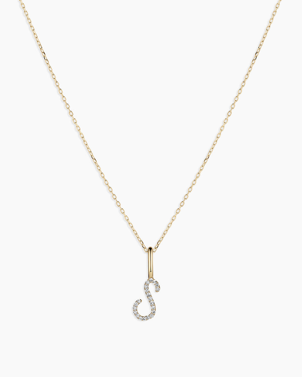 Diamond Script Alphabet Charm Necklace || option::14K Solid Gold, S