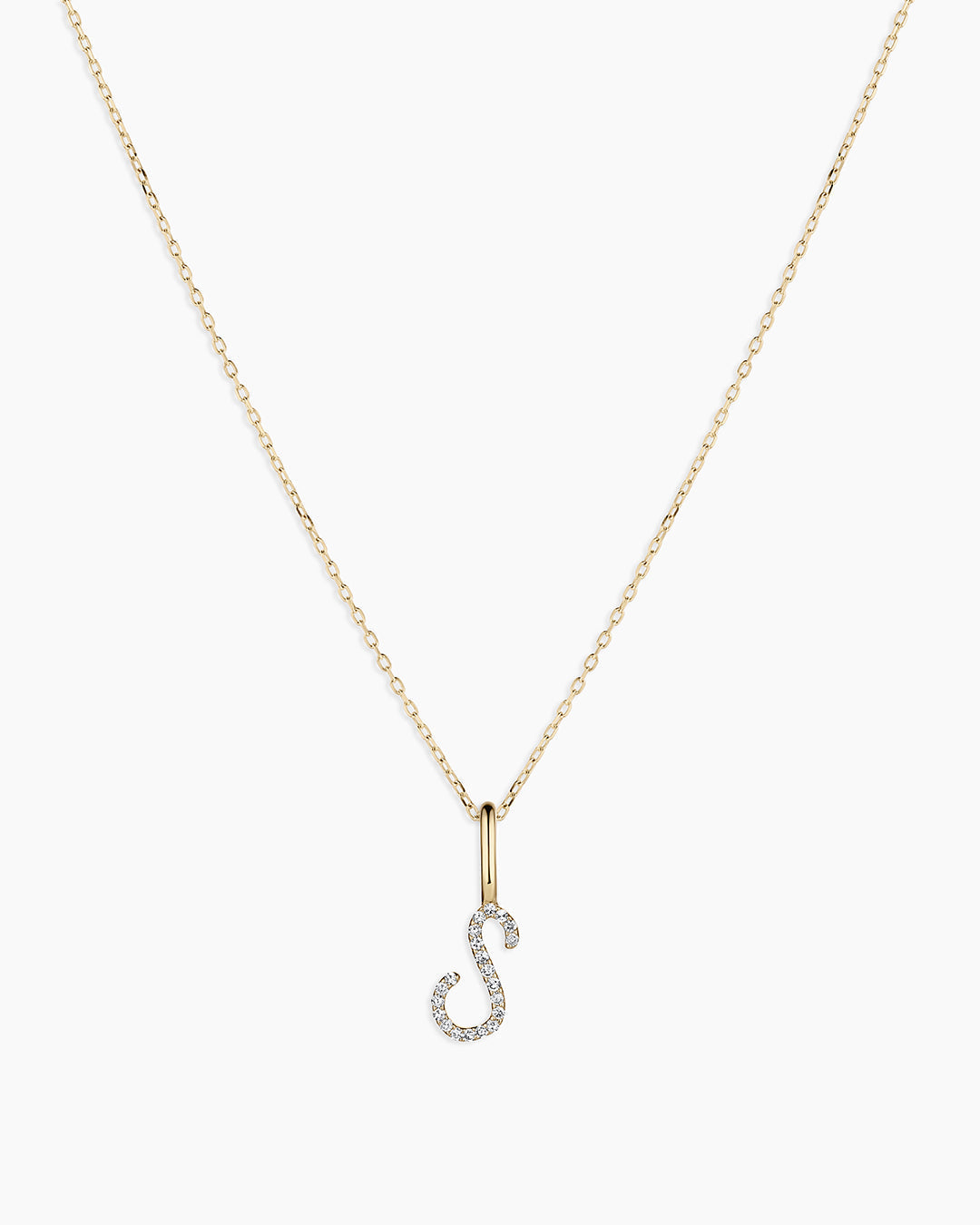 Diamond Script Alphabet Charm Necklace || option::14K Solid Gold, S