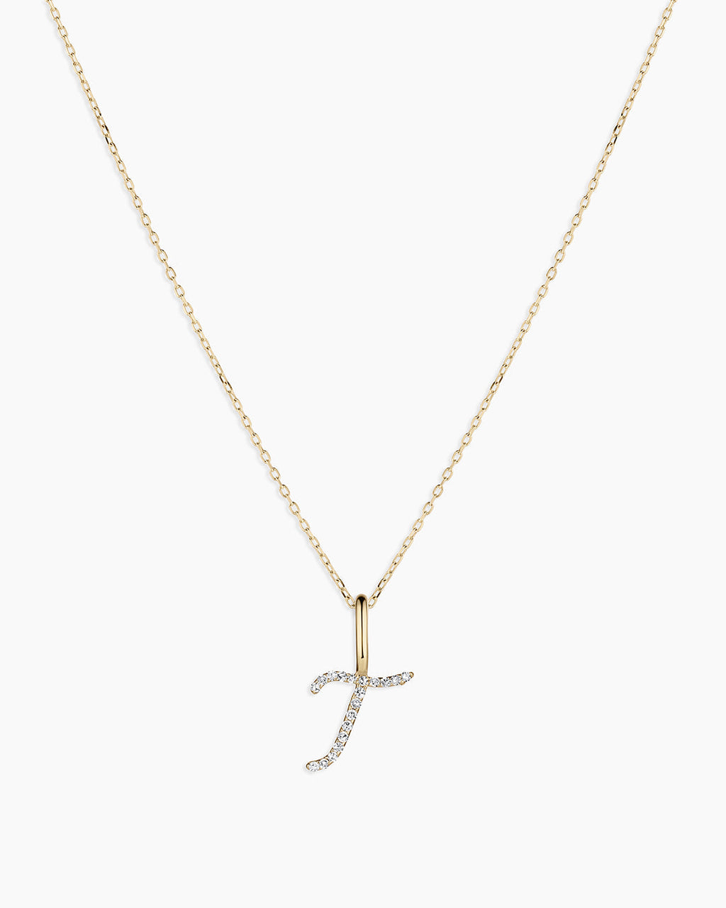 Diamond Script Alphabet Charm Necklace || option::14K Solid Gold, T