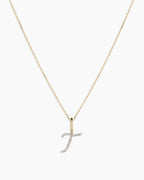 Diamond Script Alphabet Charm Necklace || option::14K Solid Gold, T