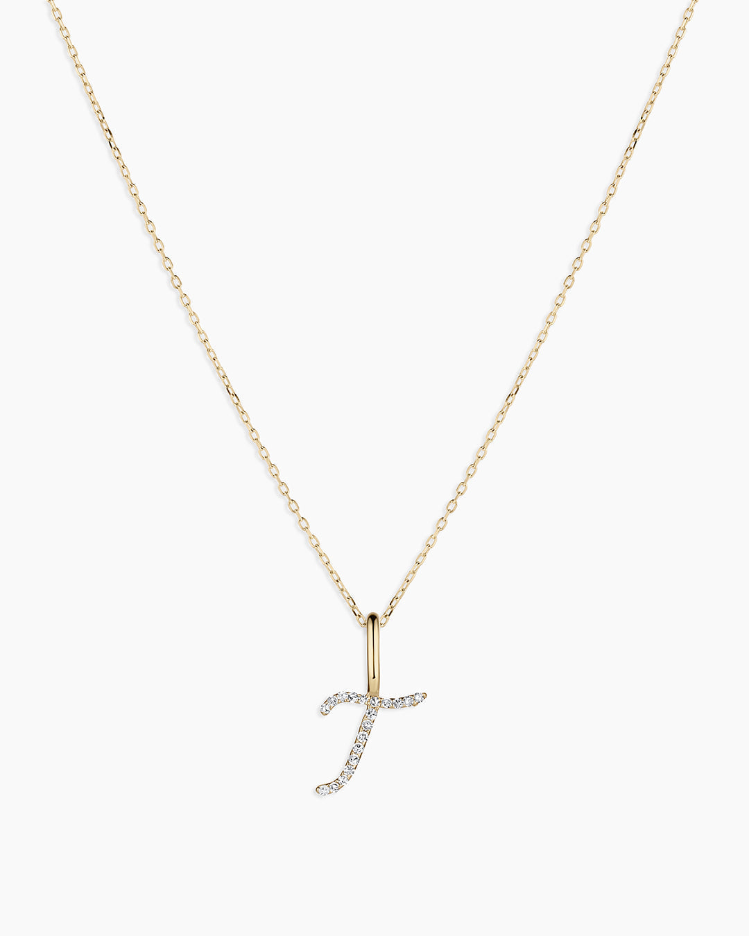 Diamond Script Alphabet Charm Necklace || option::14K Solid Gold, T