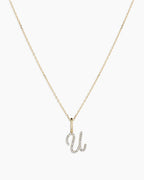 Diamond Script Alphabet Charm Necklace || option::14K Solid Gold, U