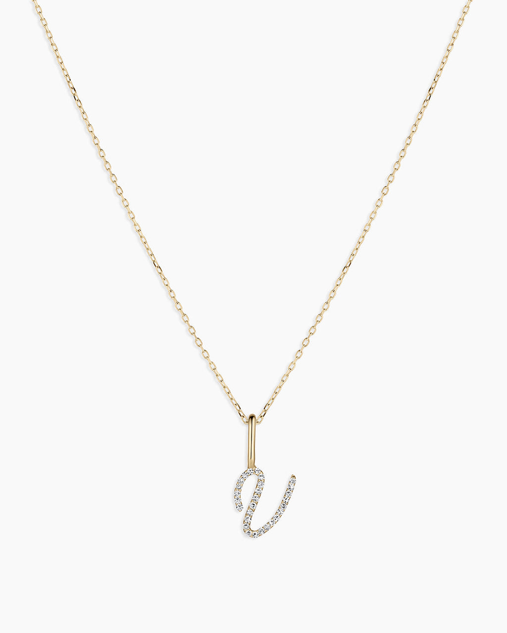 Diamond Script Alphabet Charm Necklace || option::14K Solid Gold, V