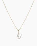 Diamond Script Alphabet Charm Necklace || option::14K Solid Gold, V