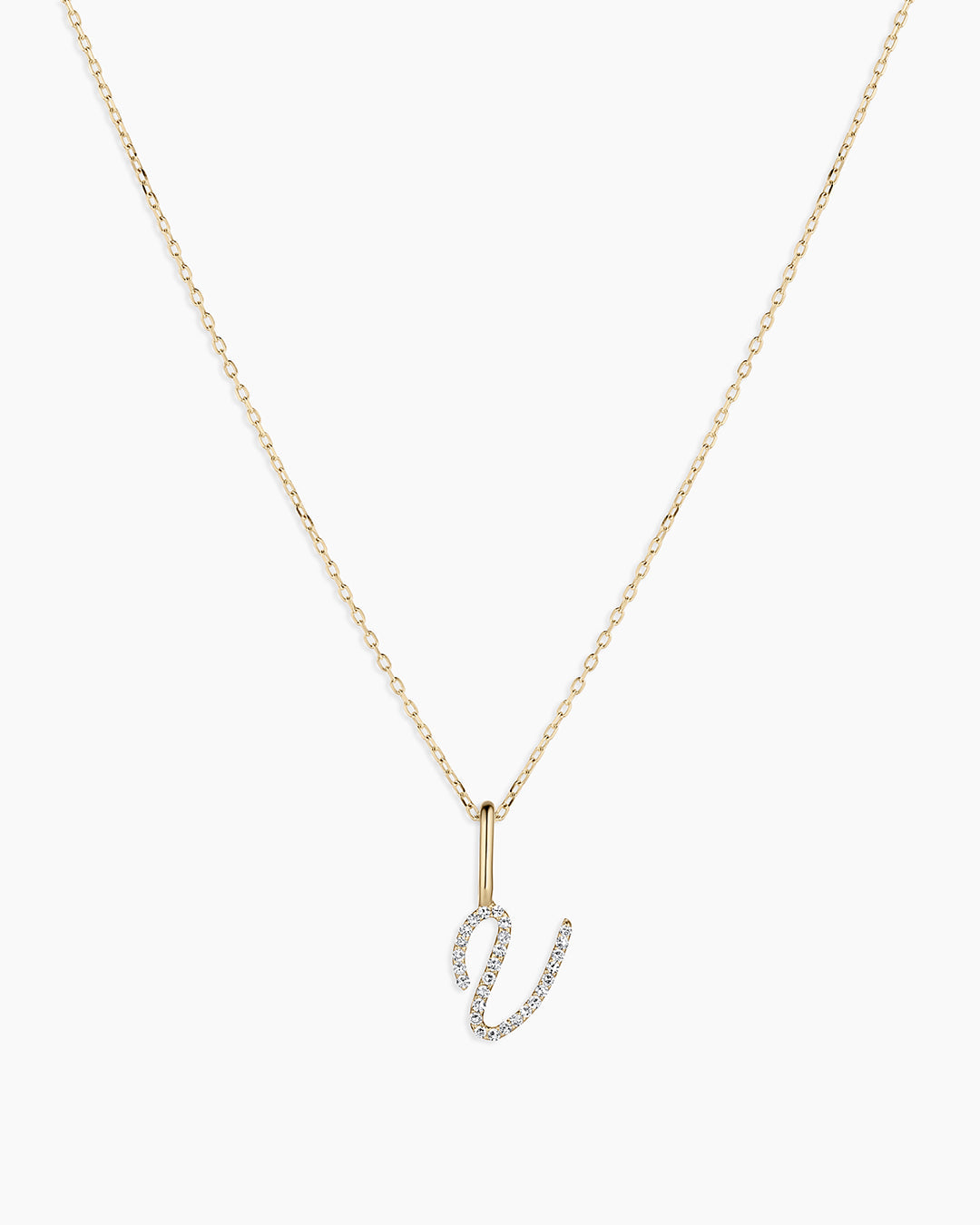 Diamond Script Alphabet Charm Necklace || option::14K Solid Gold, V
