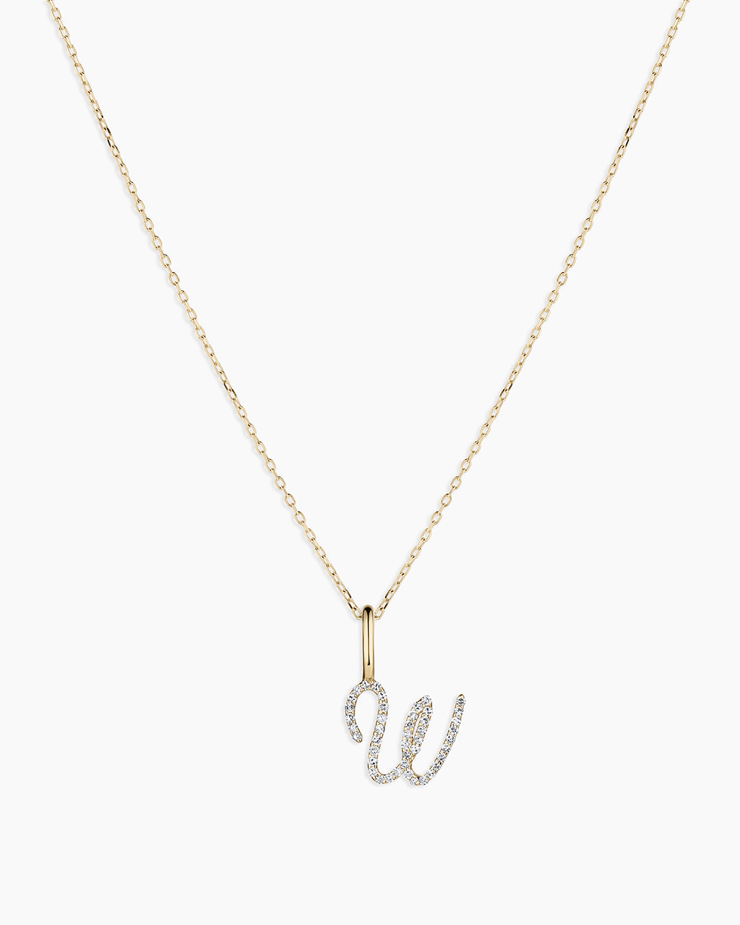 Diamond Script Alphabet Charm Necklace || option::14K Solid Gold, W