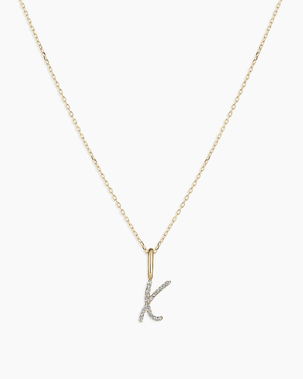 Diamond Script Alphabet Charm Necklace || option::14K Solid Gold, X