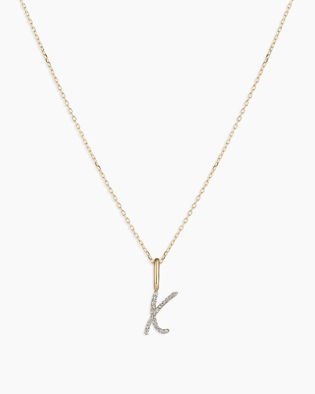 Diamond Script Alphabet Charm Necklace || option::14K Solid Gold, X
