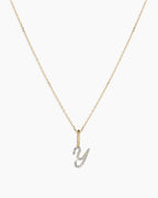 Diamond Script Alphabet Charm Necklace || option::14K Solid Gold, Y