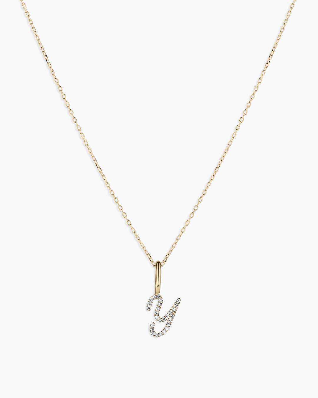 Diamond Script Alphabet Charm Necklace || option::14K Solid Gold, Y