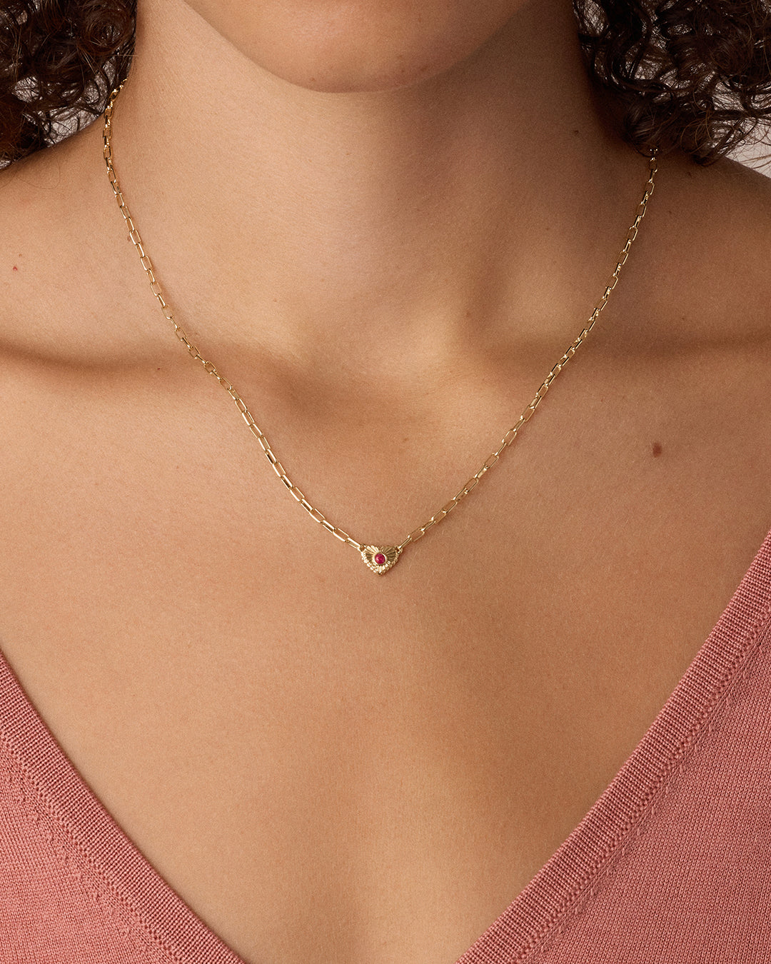 Birthstone Heart Necklace || option::18K Gold Plated, Ruby - July