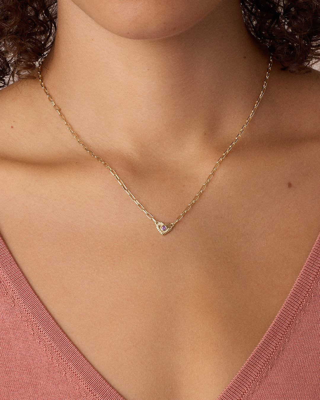 Birthstone Heart Necklace || option::18K Gold Plated, Amethyst - February
