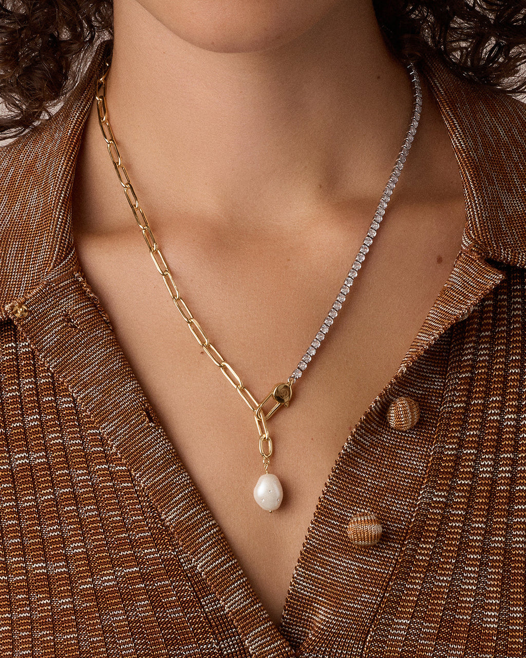 Vintage Shimmer Pearl Charm Necklace || option::18K Gold Plated