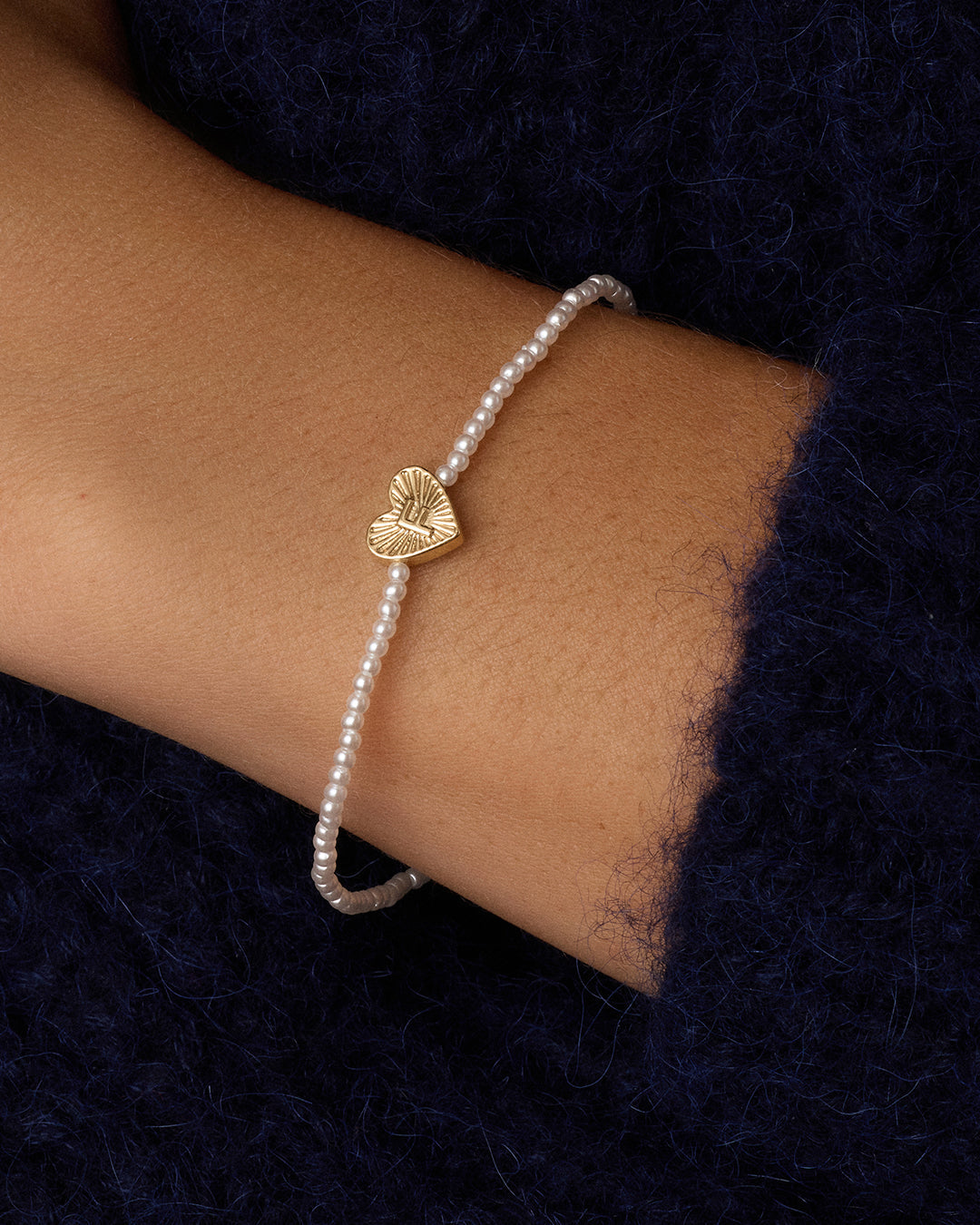 Pearl Vintage Heart Alphabet Bracelet || option::18K Gold Plated, F